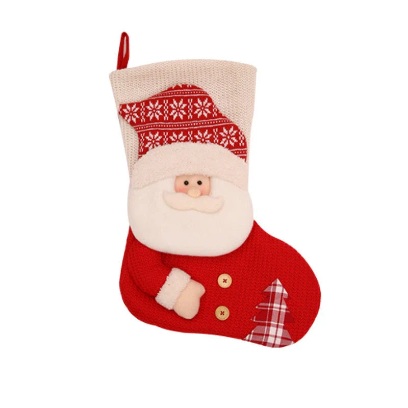 Cozy knit Christmas stocking with classic Santa Claus or whimsical snowman design for festive fireplace and tree decor