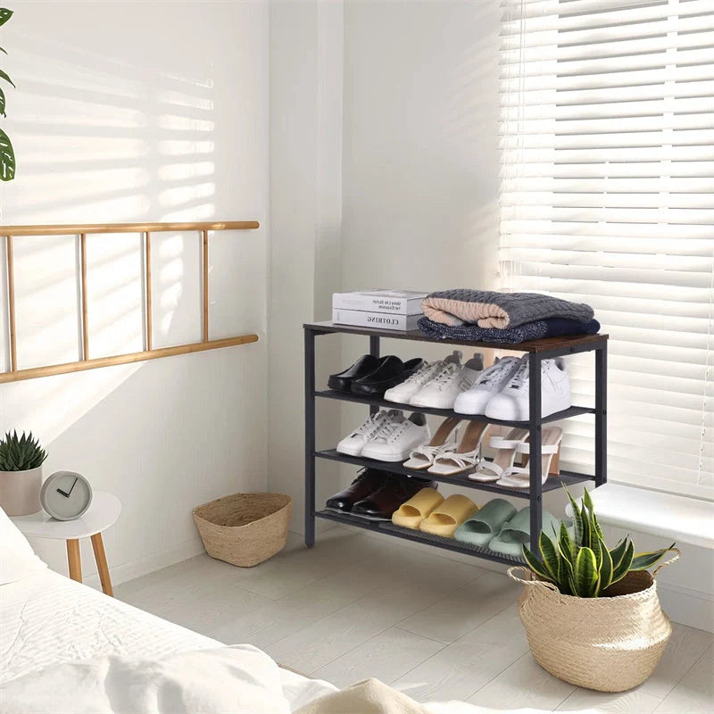 4-tier rustic wooden shoe rack with coat hook and grid design for hallway storage