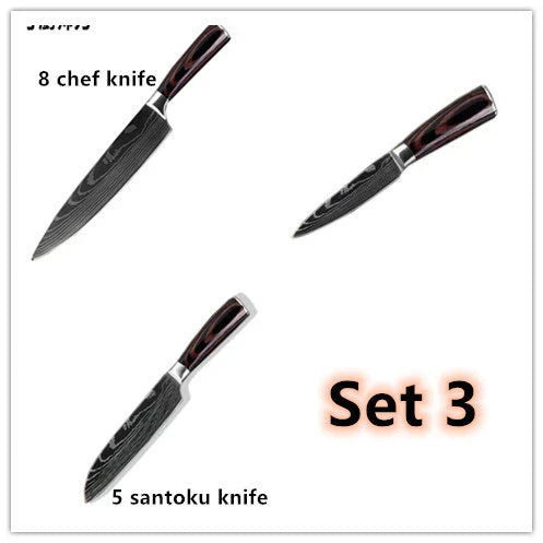 Premium 8-Piece Damascus Steel Kitchen Knife Set with Razor-Sharp Blades and Ergonomic Wooden Handles