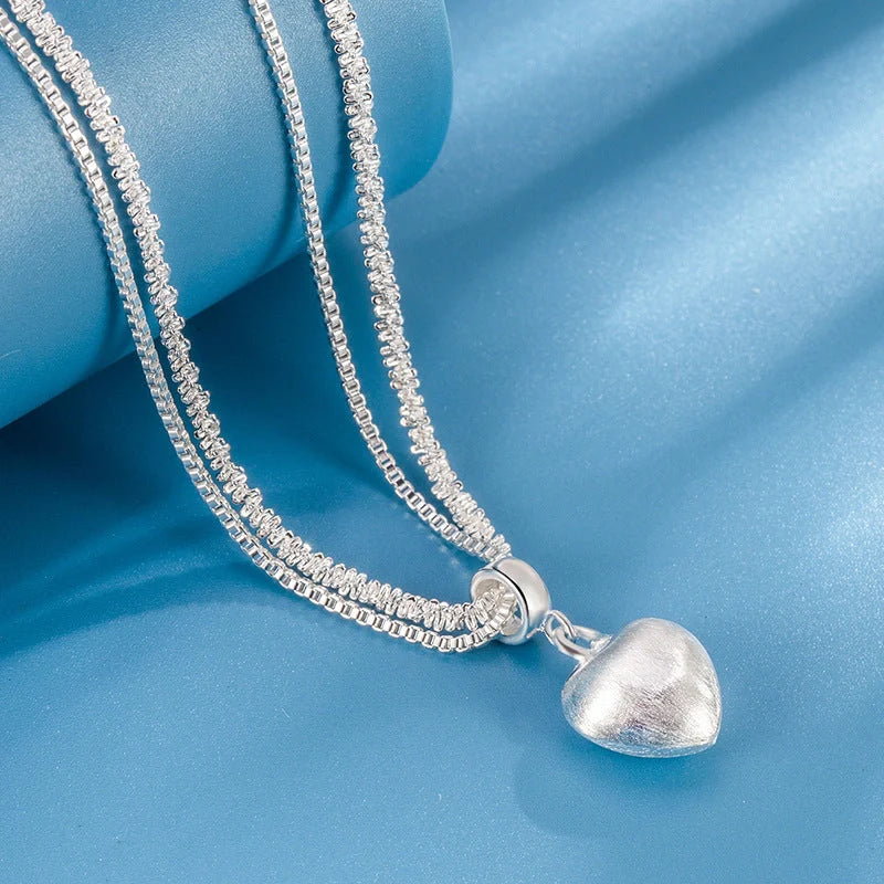Double layer brushed heart pendant necklace with water wave chain for women