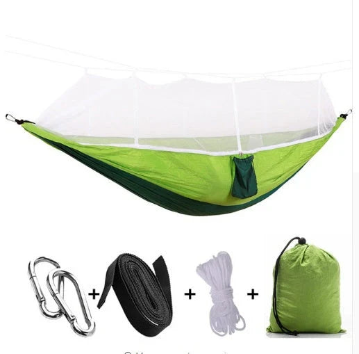 Versatile parachute hammock with mosquito net for outdoor camping and relaxation