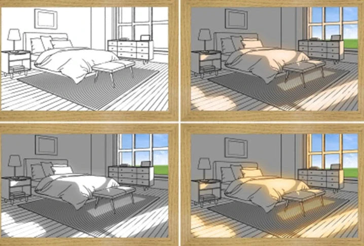 Illuminating LED picture light with customizable lighting modes, showcasing various nature scenes and cityscapes