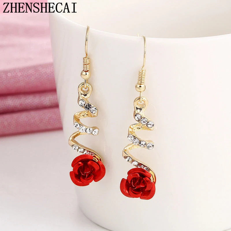 Ethnic Red Rose Drop Earrings with rhinestones for women, golden color, elegant design