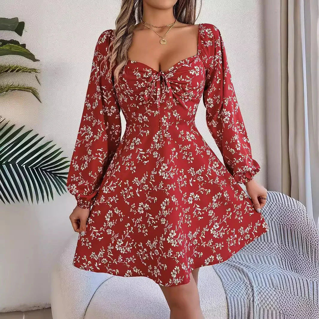 Stunning floral dress with trendy lantern sleeves, featuring a chic A-line silhouette and vibrant color options