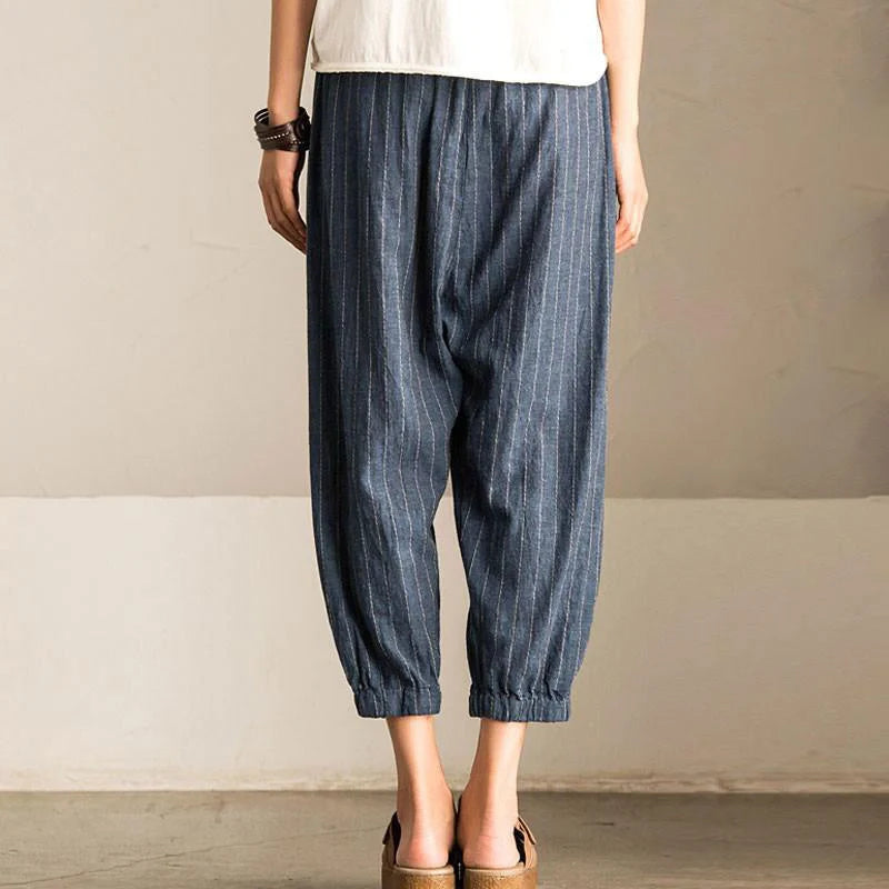 Vintage Baggy Harem Trousers for Women with High-Elastic Waist and Pockets in Striped Pattern