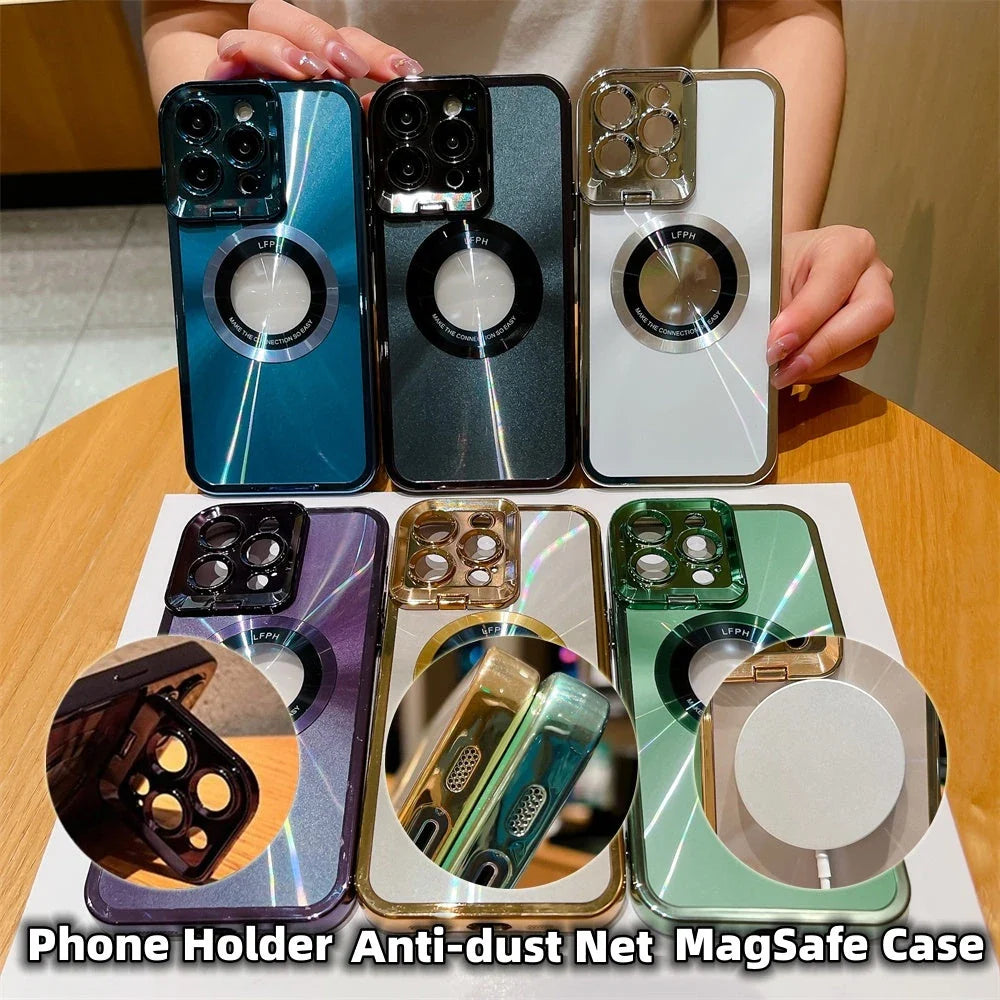 Sleek and stylish Magsafe phone case with invisible camera stand and CD pattern design