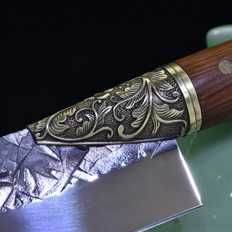 Hand-forged slicing knife with rosewood handle and pure copper guard