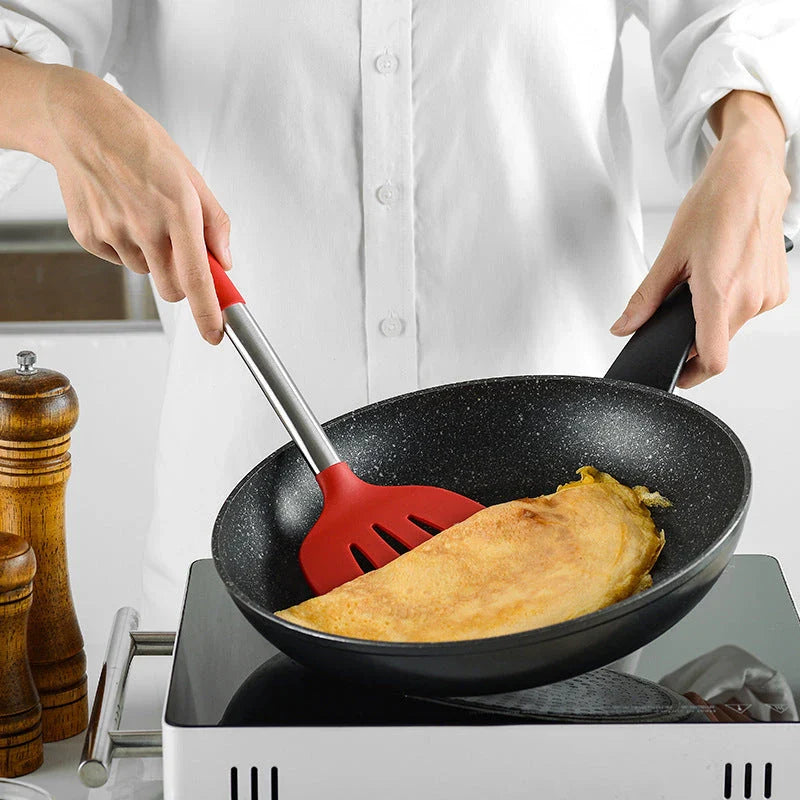 Premium silicone kitchen tool set with stainless steel handles, including various cooking and baking utensils