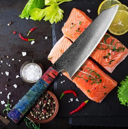 Exquisite Japanese Damascus Steel Chef's Knife with Stunning Brocade Pattern and Ergonomic Resin Wood Handle