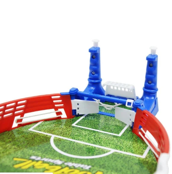 Portable tabletop mini soccer board game with blue plastic construction, perfect for indoor sports and family fun