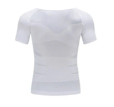 Men's compression t-shirt for fitness with belly support in navy blue, black, and white