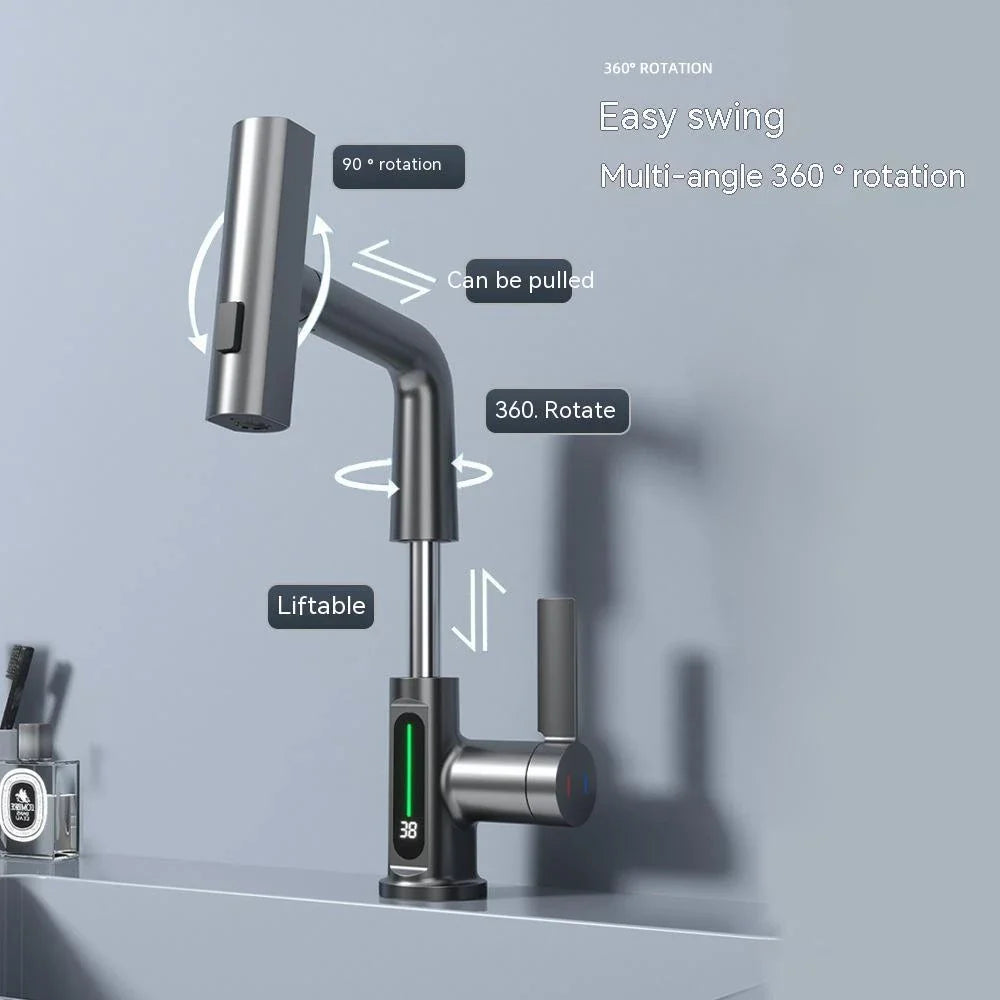 Versatile digital kitchen faucet with temperature display, 360-degree swivel, and pull-out design for enhanced maneuverability and precise water temperature control