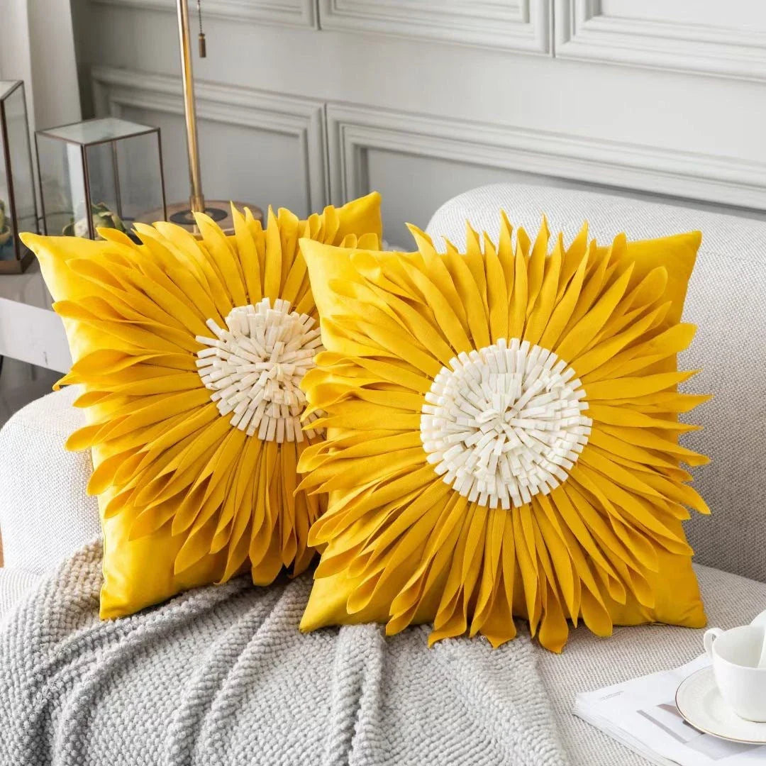 Decorative throw pillows in various colours featuring 3D chrysanthemum embroidery on a velvet surface