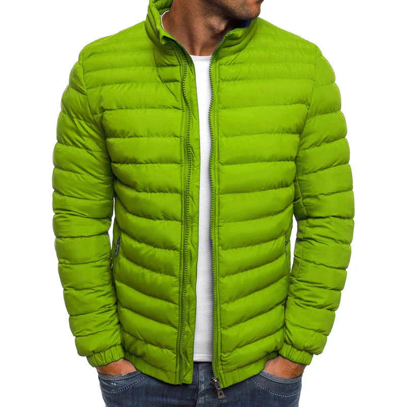 Premium men's insulated jacket in a variety of vibrant colors, featuring a durable, water-resistant outer shell and cozy polyester fiber insulation for warmth and comfort during outdoor activities.