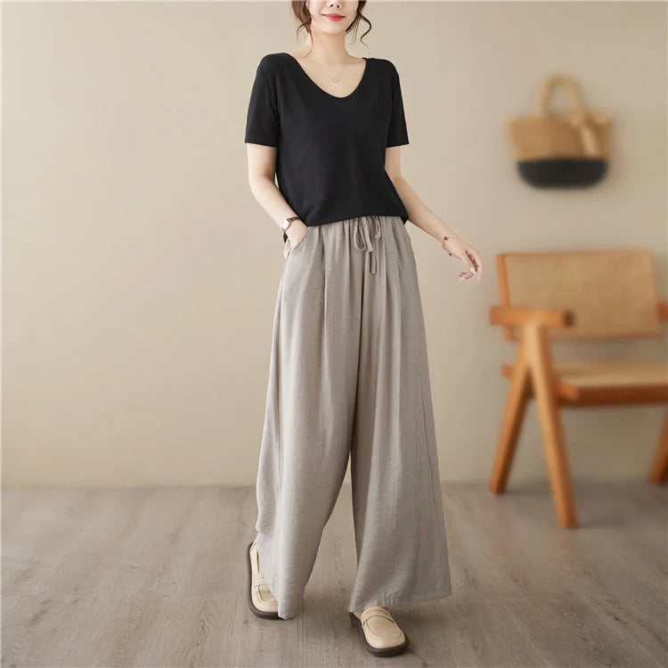 Stylish plus size wide leg straight casual trousers in black, light khaki, and blue green