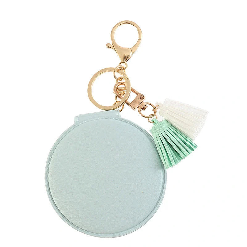 Mini round PU leather small mirror with lovely tassel in various colours