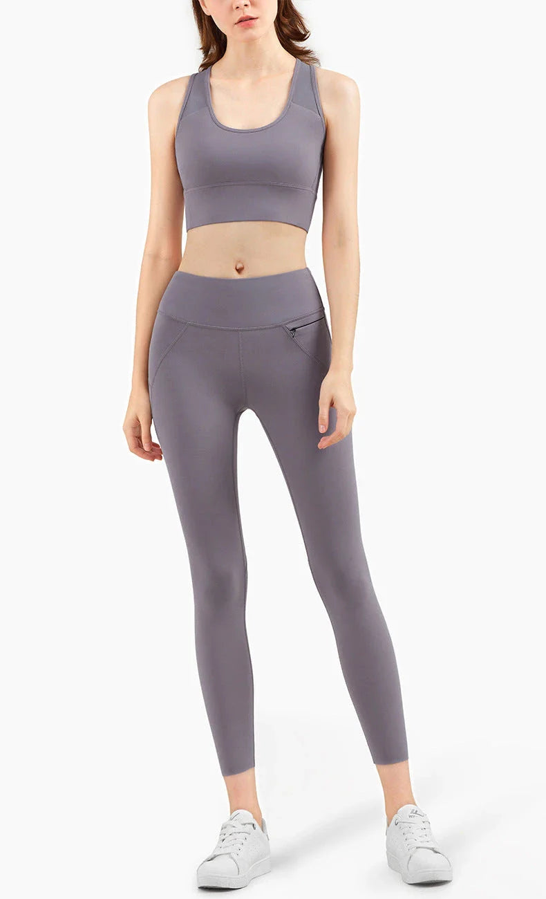 Supportive sports bra with full-coverage V-back design, padded cups, and shock-absorbing technology for active women