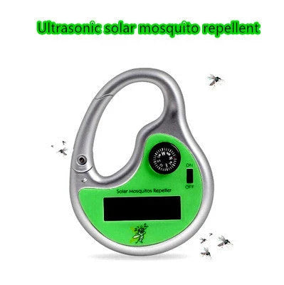 A compact, solar-powered ultrasonic mosquito repellent device with a green housing and solar panel