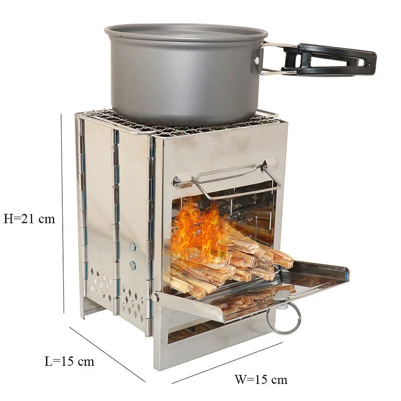 Compact and portable camping stove made of durable stainless steel with a folding design for versatile outdoor cooking