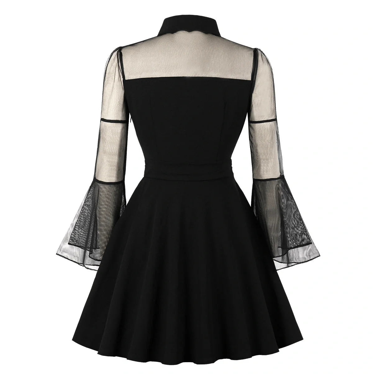 Elegant vintage-inspired dress with big swing skirt, lapel collar, and unique nine-point sleeves