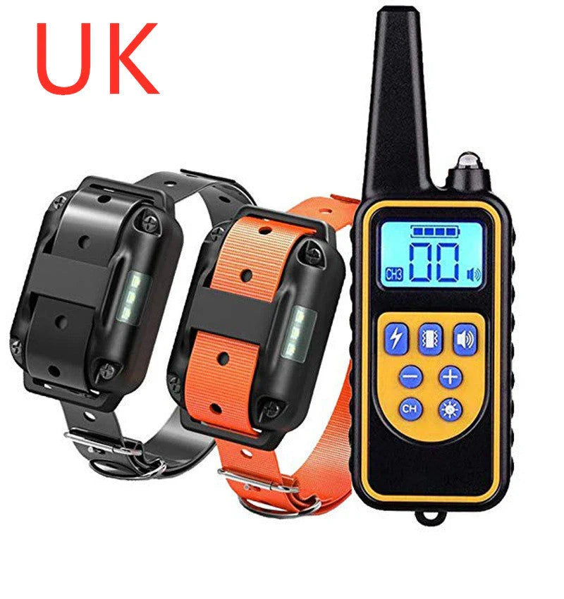 Remote-controlled anti-bark dog training collar with adjustable settings and 800-yard range