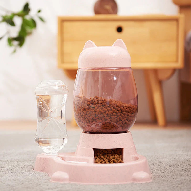 Automatic pet feeder with gravity-powered design, made of durable polypropylene and polyethylene terephthalate materials