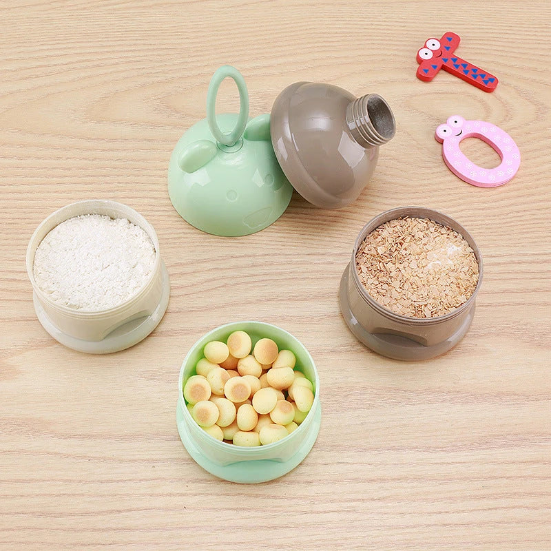Compact 3-Tier Frog-Style Baby Food Storage Box with individual compartments for milk powder, snacks, and other essentials
