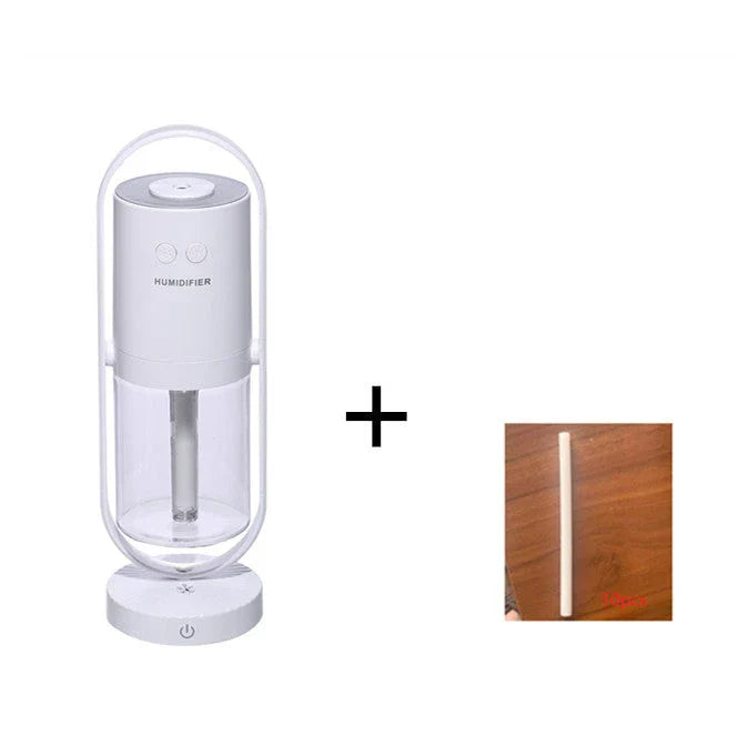 Compact USB Powered Desktop Humidifier with Ambient Lighting, featuring adjustable mist nozzle and romantic starry projection
