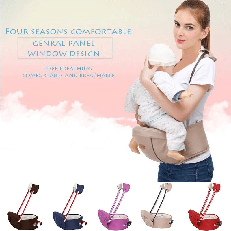 Versatile baby carrier with adjustable hip seat, offering hands-free support and multiple carrying positions for newborns to toddlers