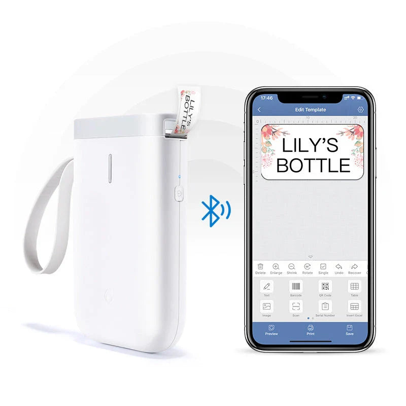 Compact Bluetooth Label Printer with thermal printing technology, Bluetooth connectivity, and versatile label design capabilities for home and office use