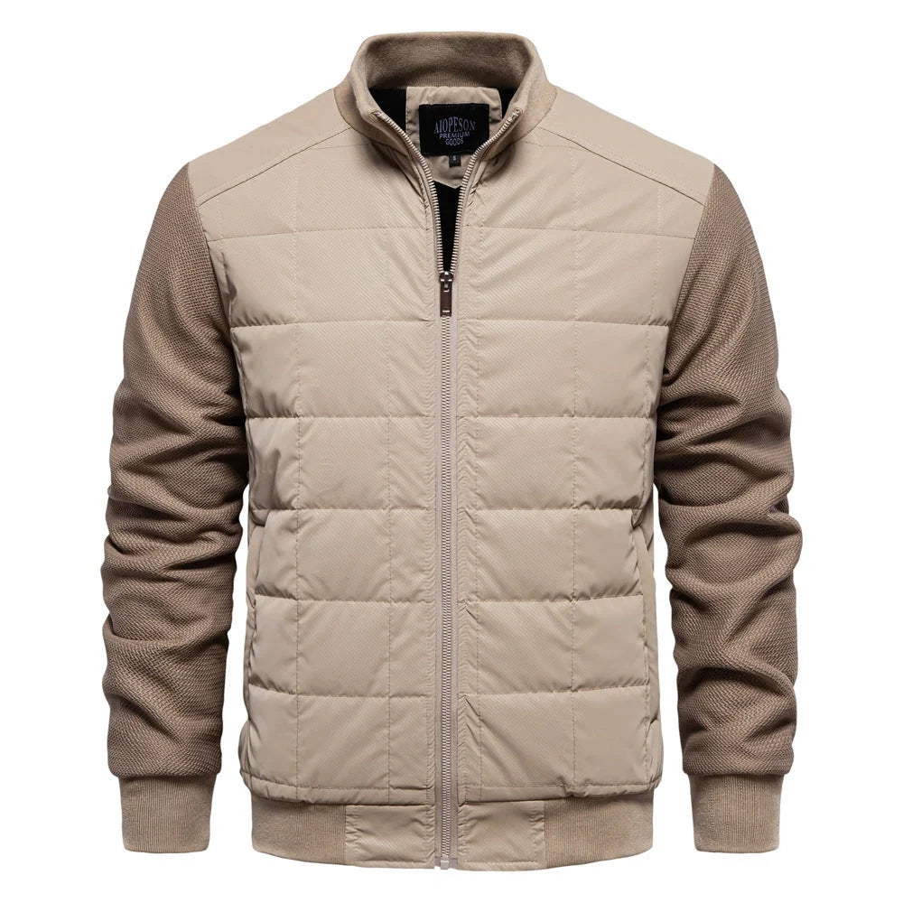 Stylish men's winter jacket with unique stitching design, stand collar, and variety of classic colours