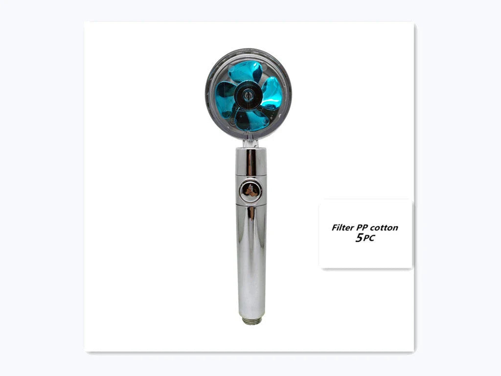 A high-pressure shower head with a stop button, cotton filter, and powerful water pressure for a luxurious bathing experience.