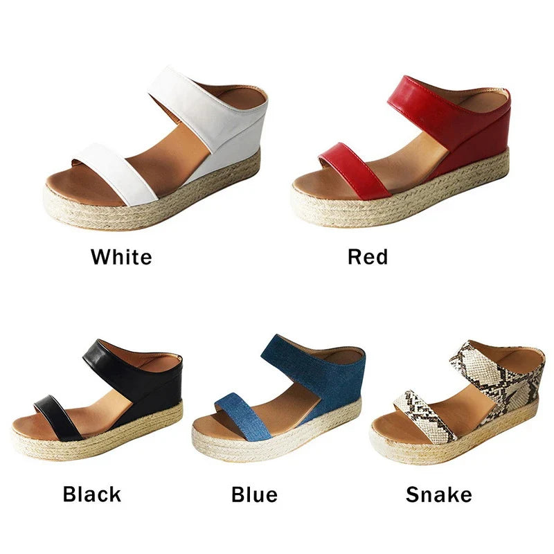 Lady's sandals with a high wedge heel and a twine design, featuring a blend of European and American fashion influences