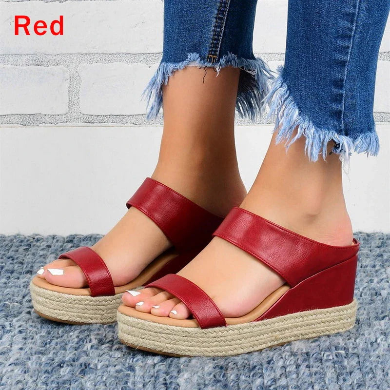 Lady's sandals with a high wedge heel and a twine design, featuring a blend of European and American fashion influences