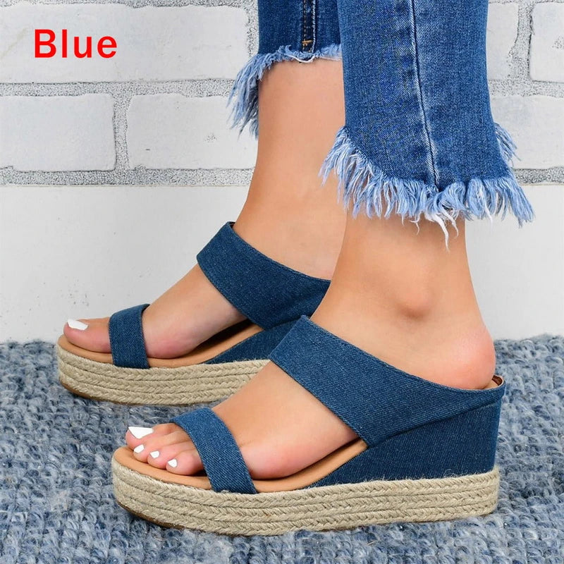 Lady's sandals with a high wedge heel and a twine design, featuring a blend of European and American fashion influences