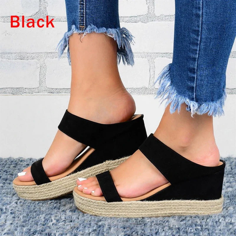 Lady's sandals with a high wedge heel and a twine design, featuring a blend of European and American fashion influences