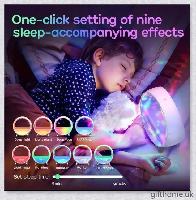 Smart alarm clock with Bluetooth speaker, night light, and wake-up light for customised sleep and ambience