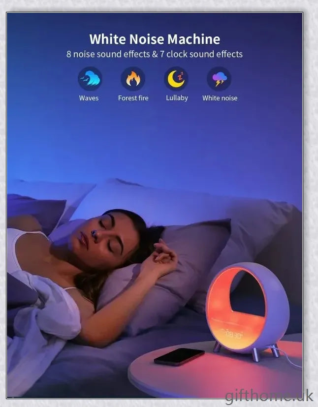 Smart alarm clock with Bluetooth speaker, night light, and wake-up light for customised sleep and ambience