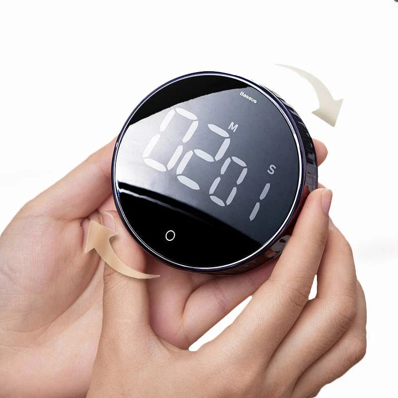 A multi-function magnetic kitchen timer with a digital countdown and LED display, perfect for cooking, exercising, and time management.