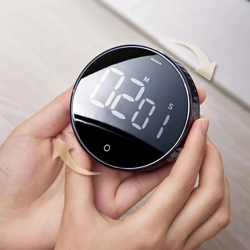A multi-function magnetic kitchen timer with a digital countdown and LED display, perfect for cooking, exercising, and time management.