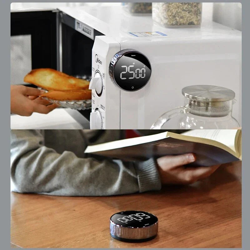 A multi-function magnetic kitchen timer with a digital countdown and LED display, perfect for cooking, exercising, and time management.