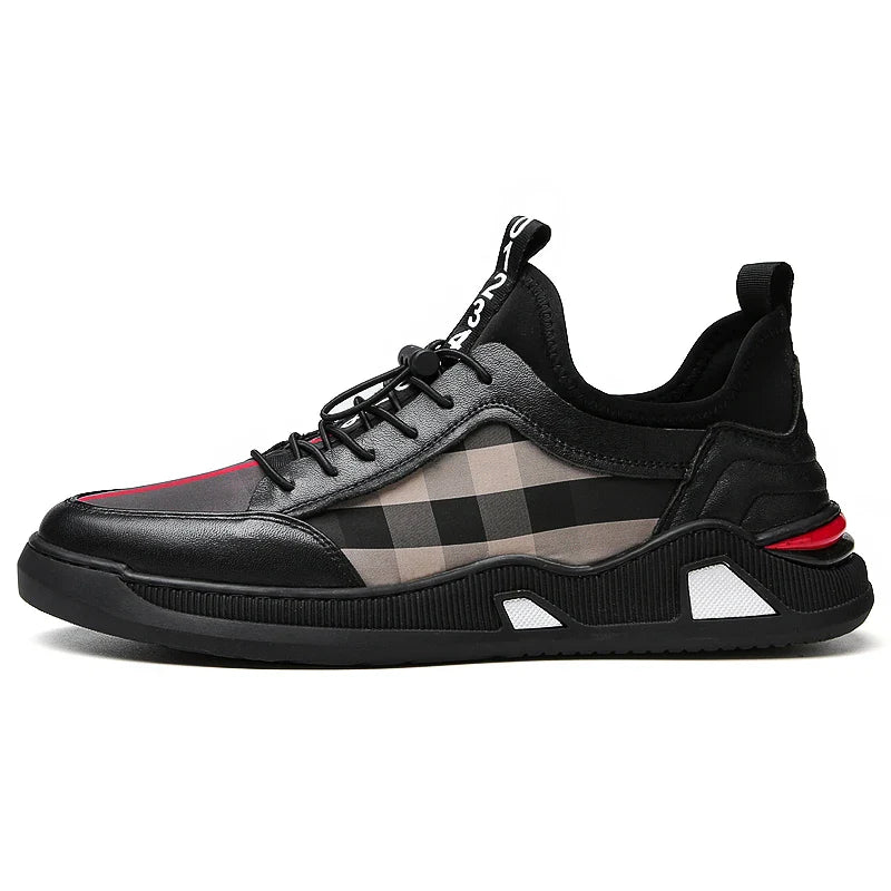A pair of men's casual leather shoes with a sleek, lace-up design and a stylish check pattern.