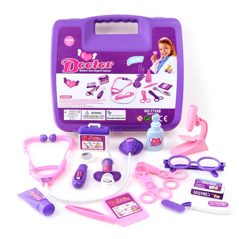 A colourful educational pretend doctor set toy for children, including a stethoscope, thermometer, and other medical equipment