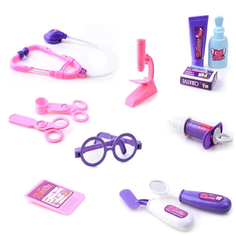 A colourful educational pretend doctor set toy for children, including a stethoscope, thermometer, and other medical equipment