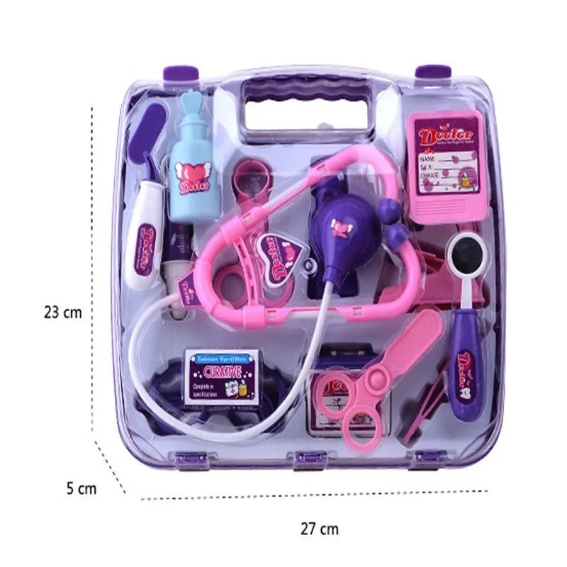 A colourful educational pretend doctor set toy for children, including a stethoscope, thermometer, and other medical equipment