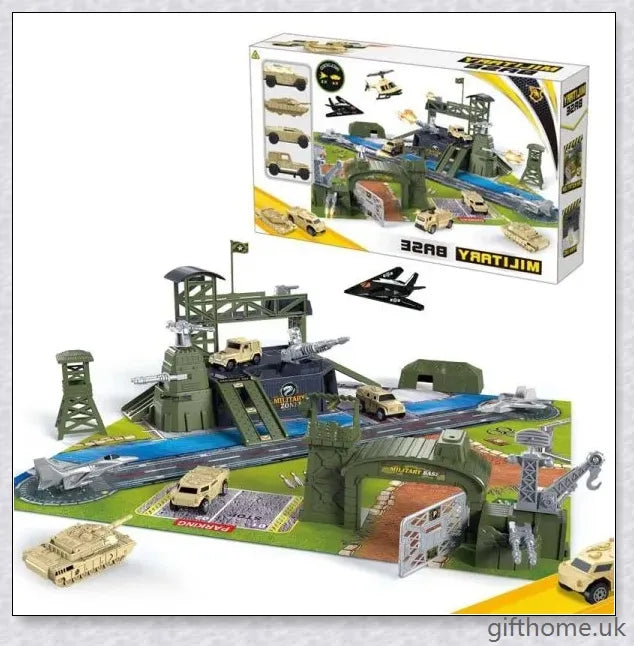 34-piece military base playset with battle map, vehicles, tanks, and other army-themed accessories for engaging strategic play