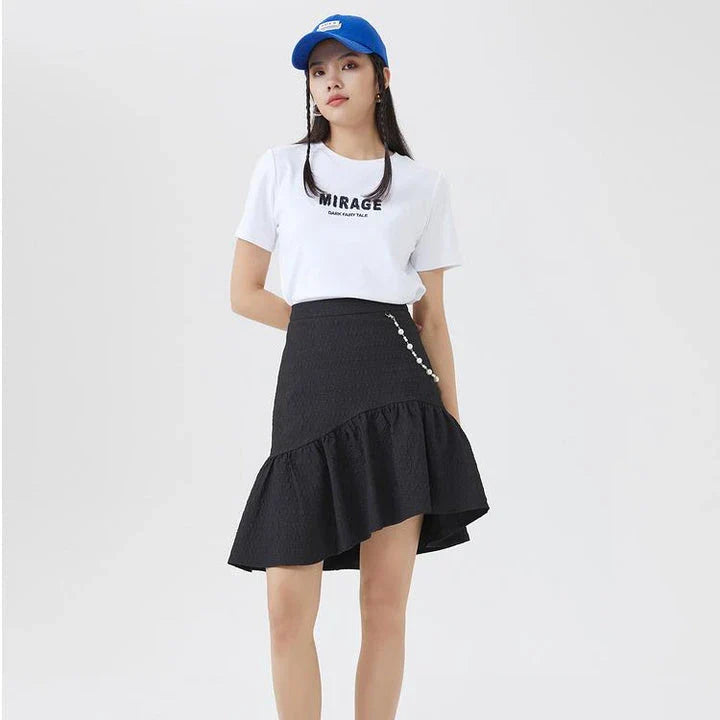 Metersbowne Jacquard Swallowtail Half Skirt Shorts in Black, featuring an embossed fabric design and a flattering silhouette for summer style.