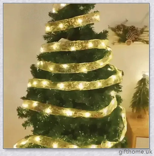Christmas Ribbon Fairy Lights with warm LED lights, available in gold and silver colours, create a magical holiday ambiance
