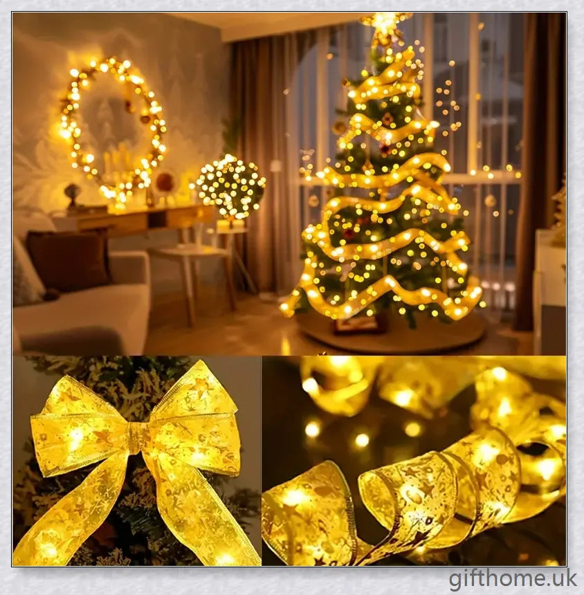 Christmas Ribbon Fairy Lights with warm LED lights, available in gold and silver colours, create a magical holiday ambiance