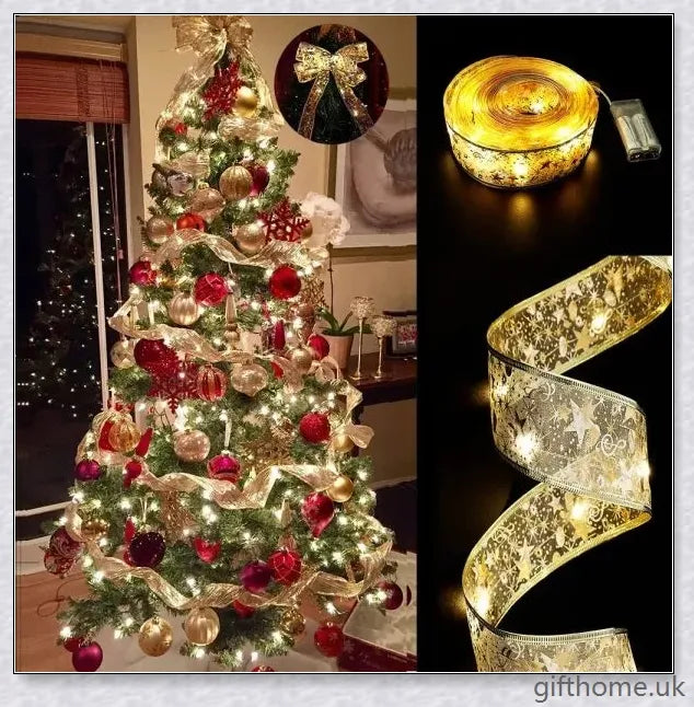 Christmas Ribbon Fairy Lights with warm LED lights, available in gold and silver colours, create a magical holiday ambiance